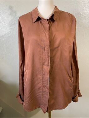Minimalist Silk Blend Button Blouse Pleated Sleeve Large Marc Aurel Terracotta